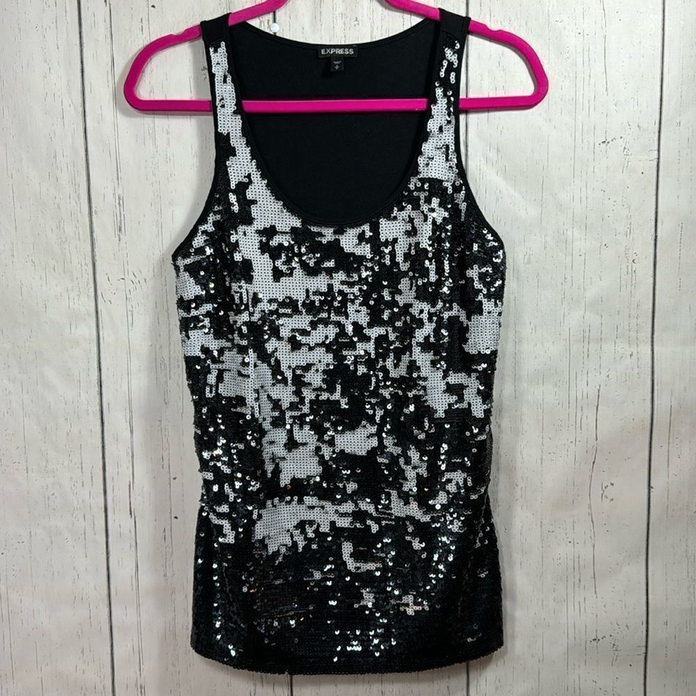 Express Sequin Tank Top Sleeveless Black & Silver Party Shirt Y2K Clubwear
